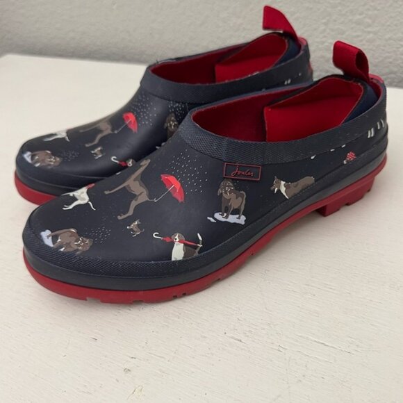 Joules Welly Pop On Rain Garden Clogs Dog Print Waterproof Shoes Navy Blue Red 7 - Picture 1 of 12